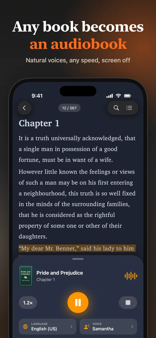 eReader: Audio player reading a book aloud with a choice of language and voice